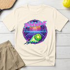 T-shirt with retro neon "Dinkwave" pickleball graphic and palm trees.