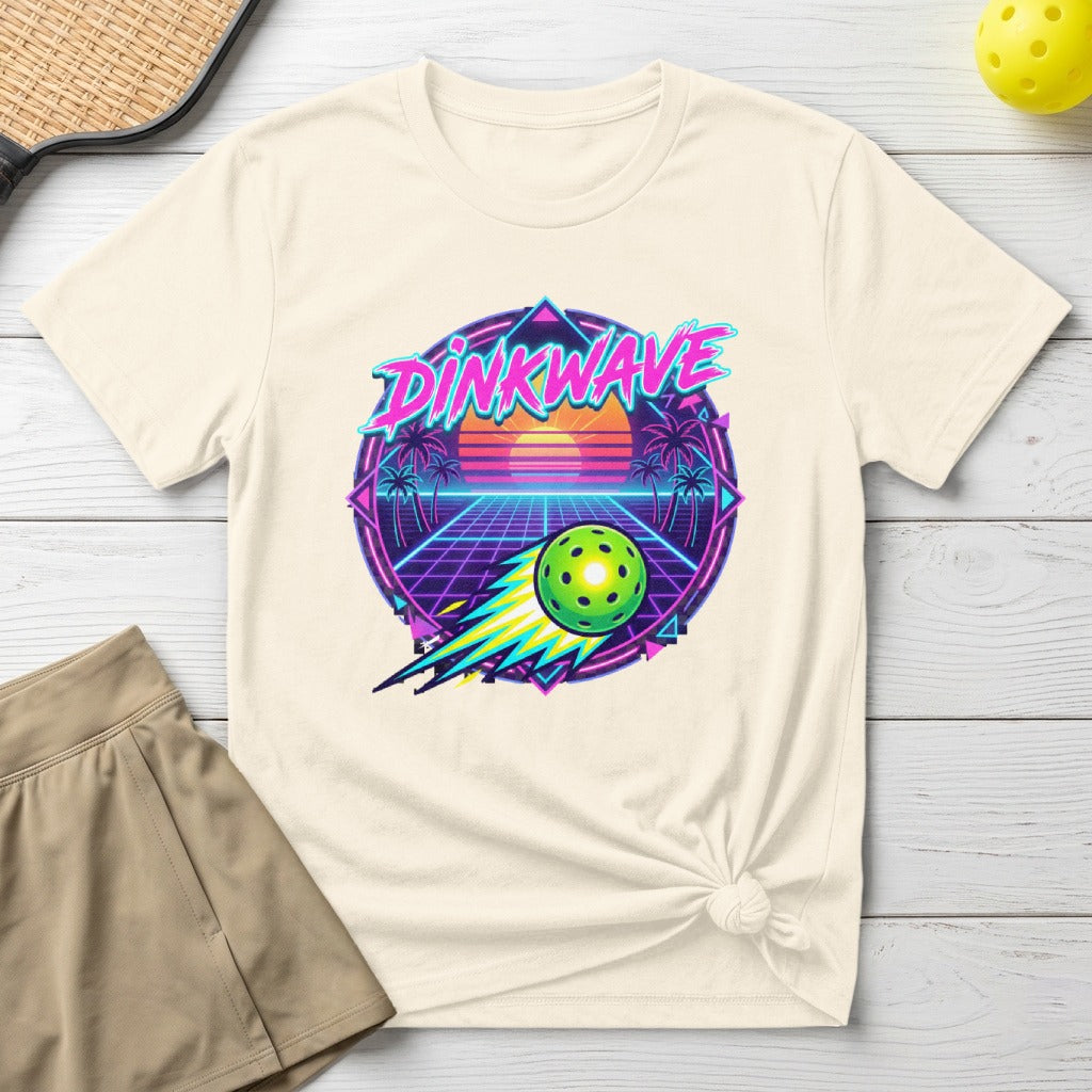 T-shirt with retro neon "Dinkwave" pickleball graphic and palm trees.