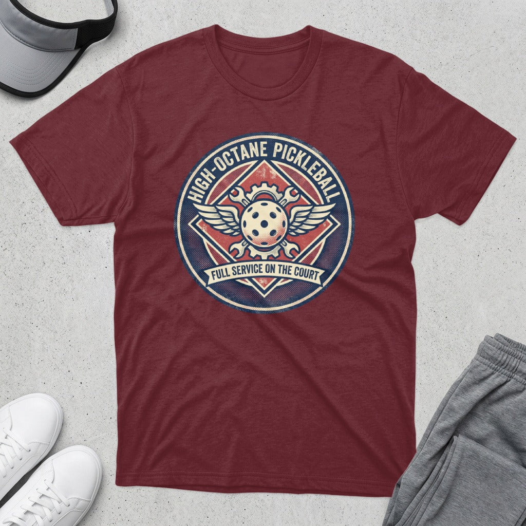 Maroon t-shirt with circular "High-Octane Pickleball" logo with wings and shuttlecock.