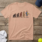 T-shirt with cartoon evolution of man to pickleball player.