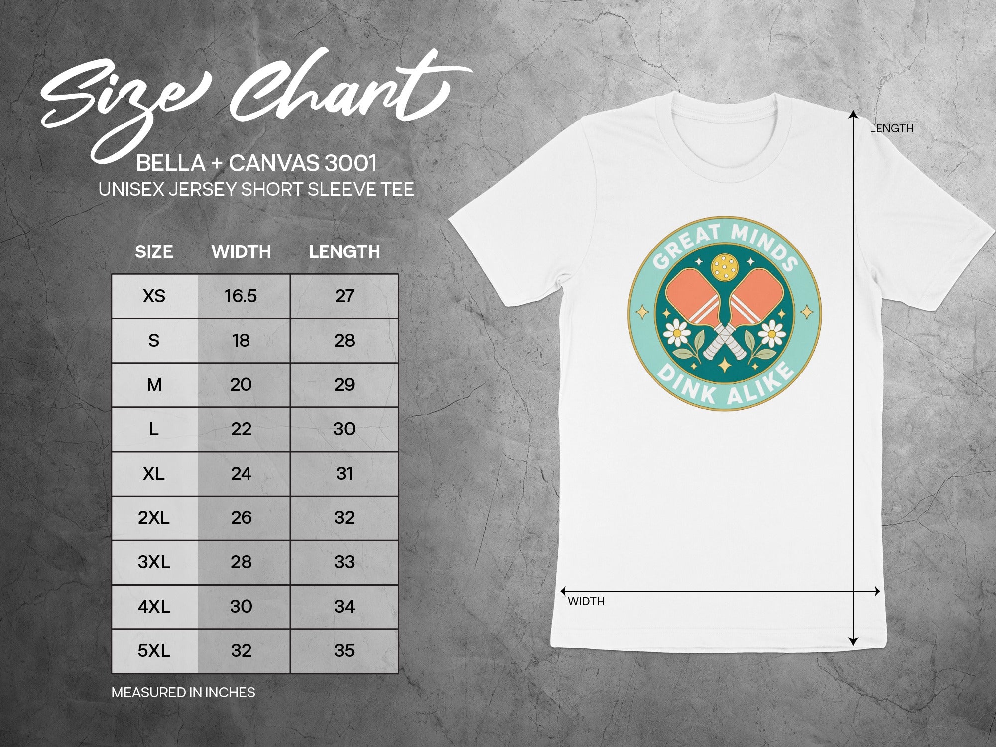 BELLA+CANVAS 3001 unisex t-shirt size chart with measurements.