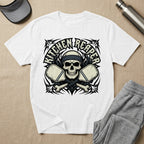 White t-shirt with skull, crossed pickleball paddles, and "Kitchen Reaper" text.