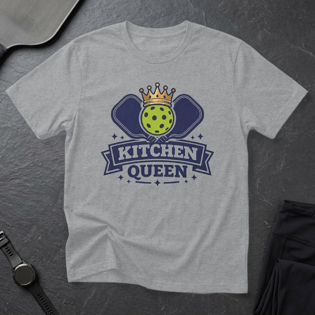 Grey t-shirt with a "Kitchen Queen" pickleball graphic featuring paddles and a crown.