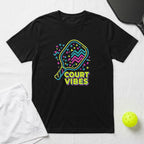 Black t-shirt with "COURT VIBES" text and a pickleball paddle graphic.