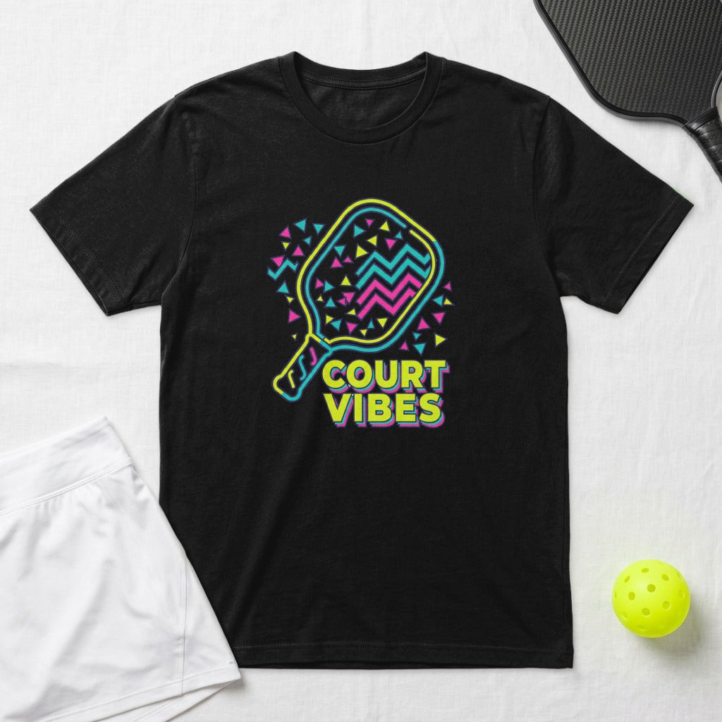 Black t-shirt with "COURT VIBES" text and a pickleball paddle graphic.