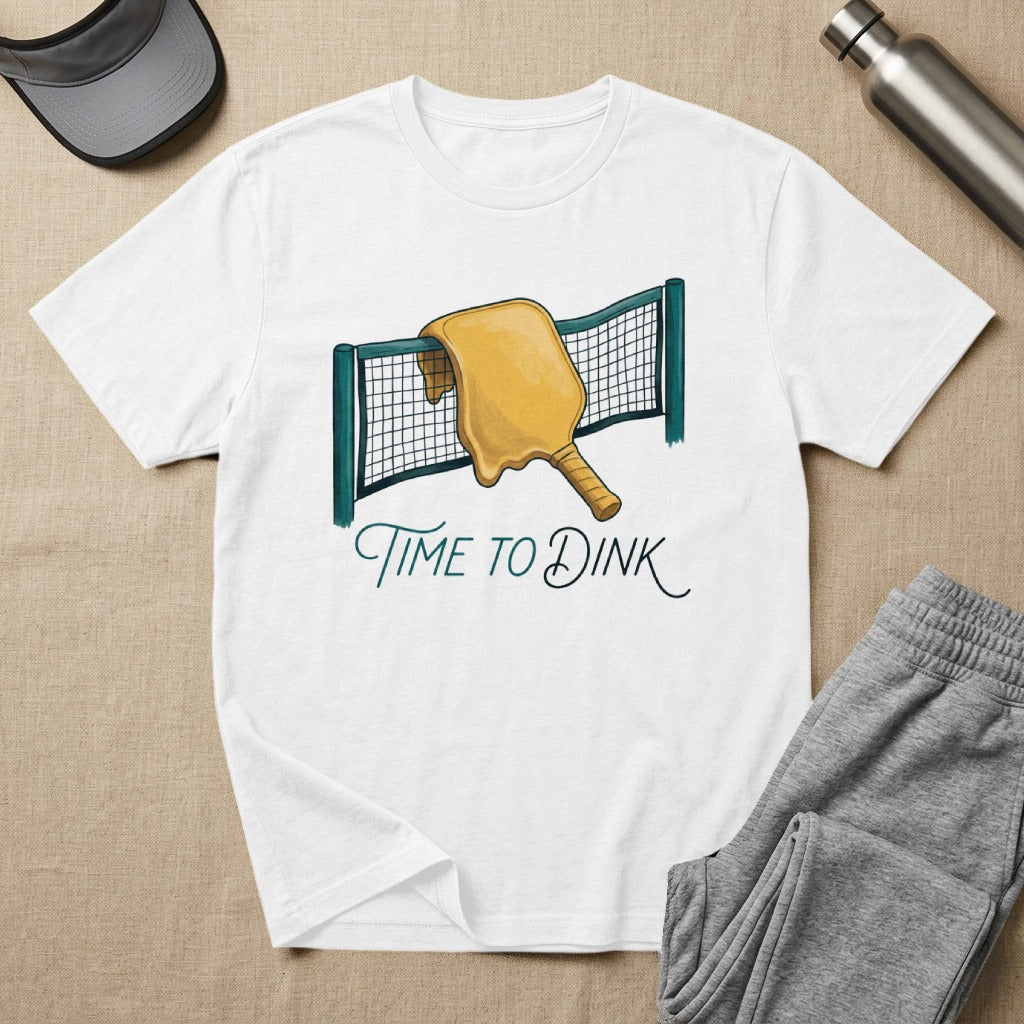 White t-shirt with pickleball paddle and net graphic saying "Time to Dink".