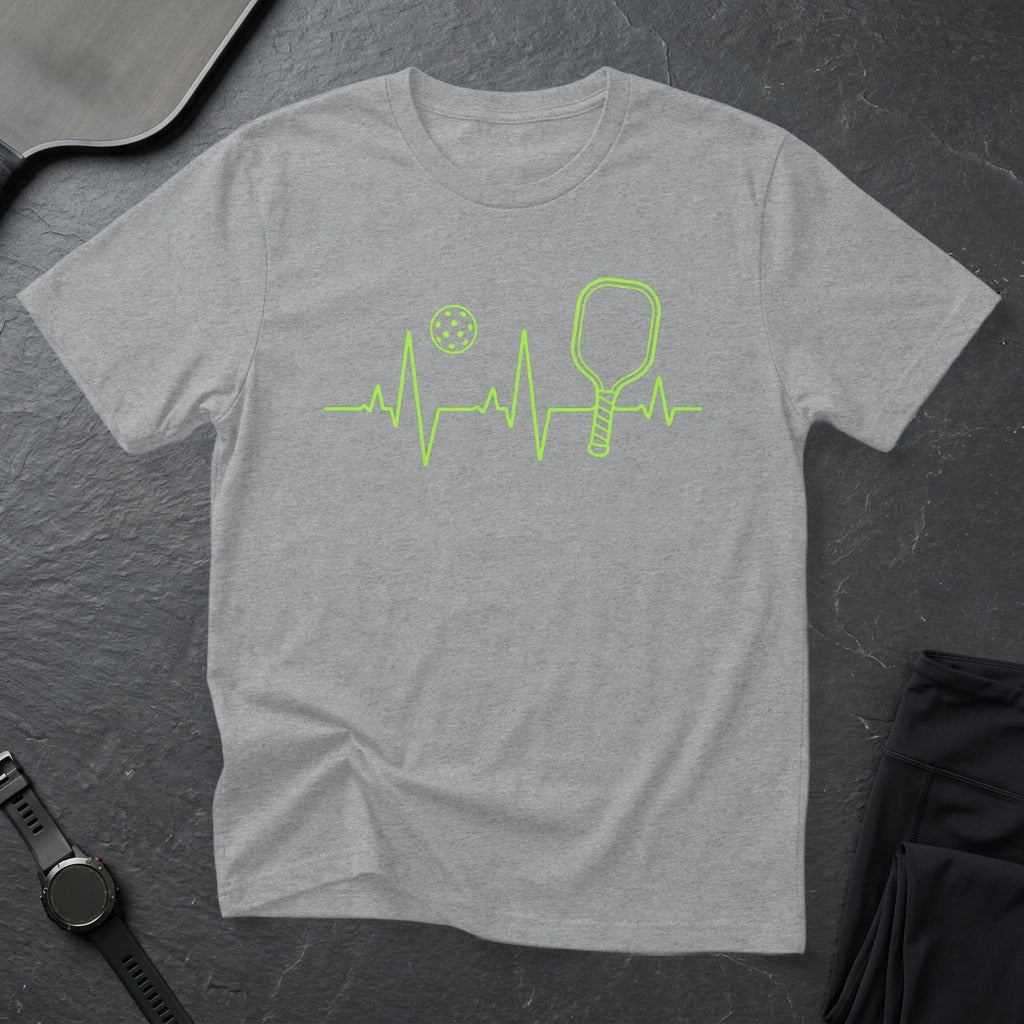 Grey t-shirt with a neon green pickleball heart rate graphic.