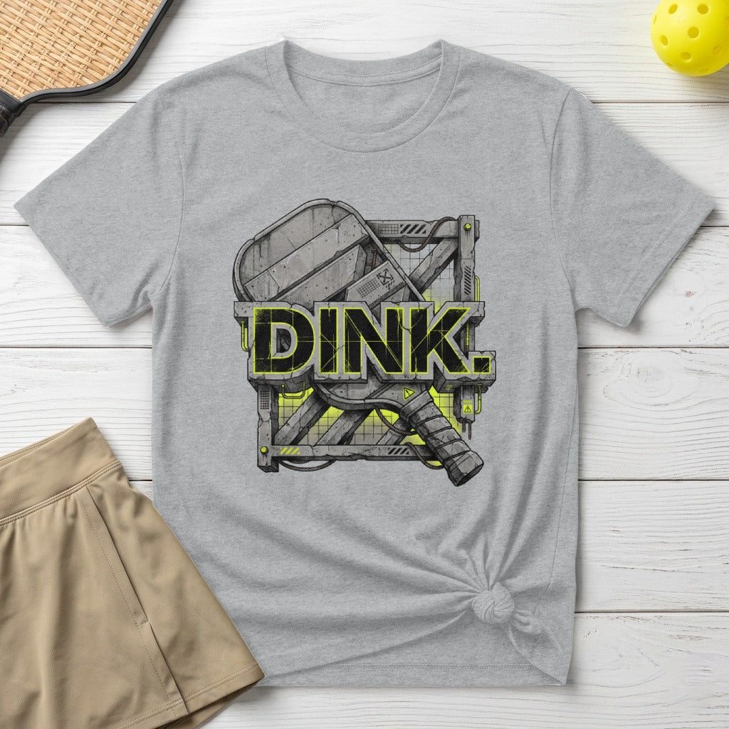Gray t-shirt with "DINK" text and pickleball paddle graphic.