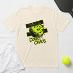Cream t-shirt with a graphic of a pickleball titled "Court Chaos".