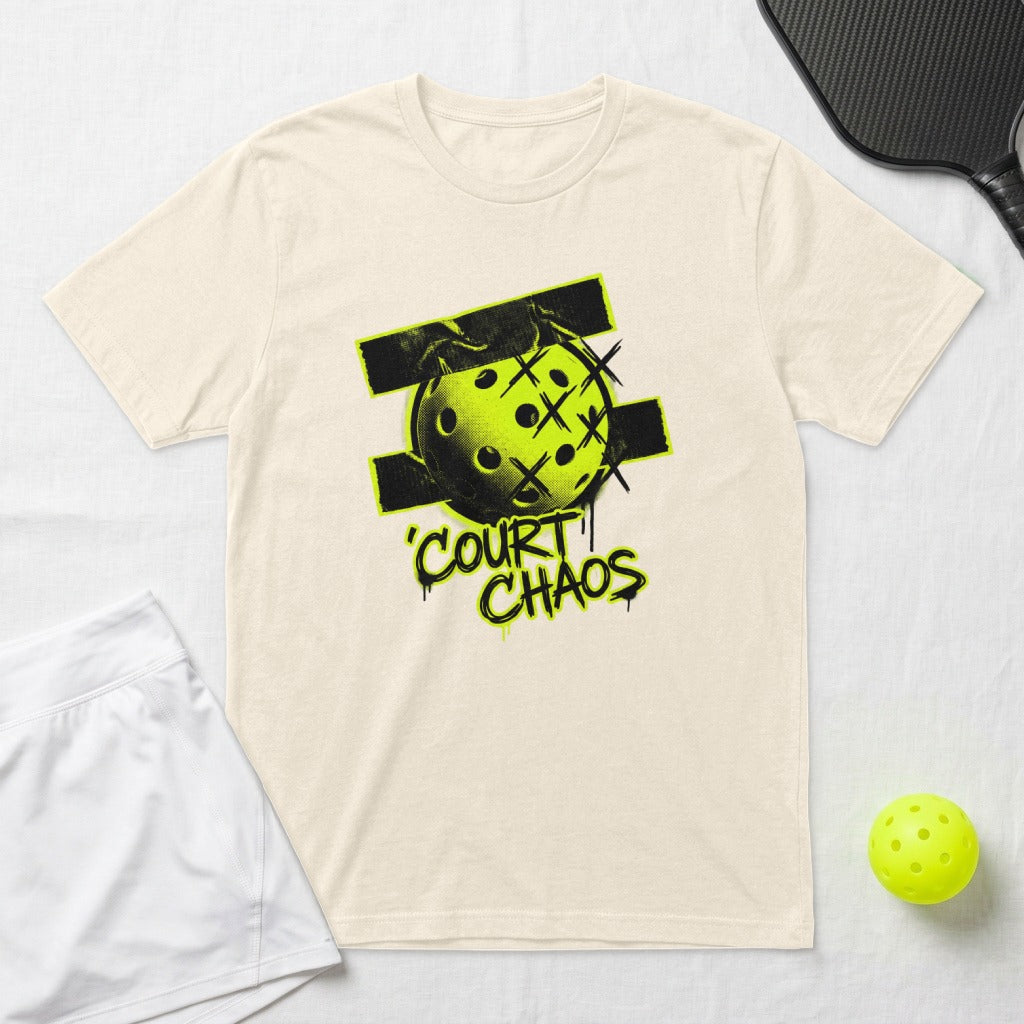 Cream t-shirt with a graphic of a pickleball titled "Court Chaos".