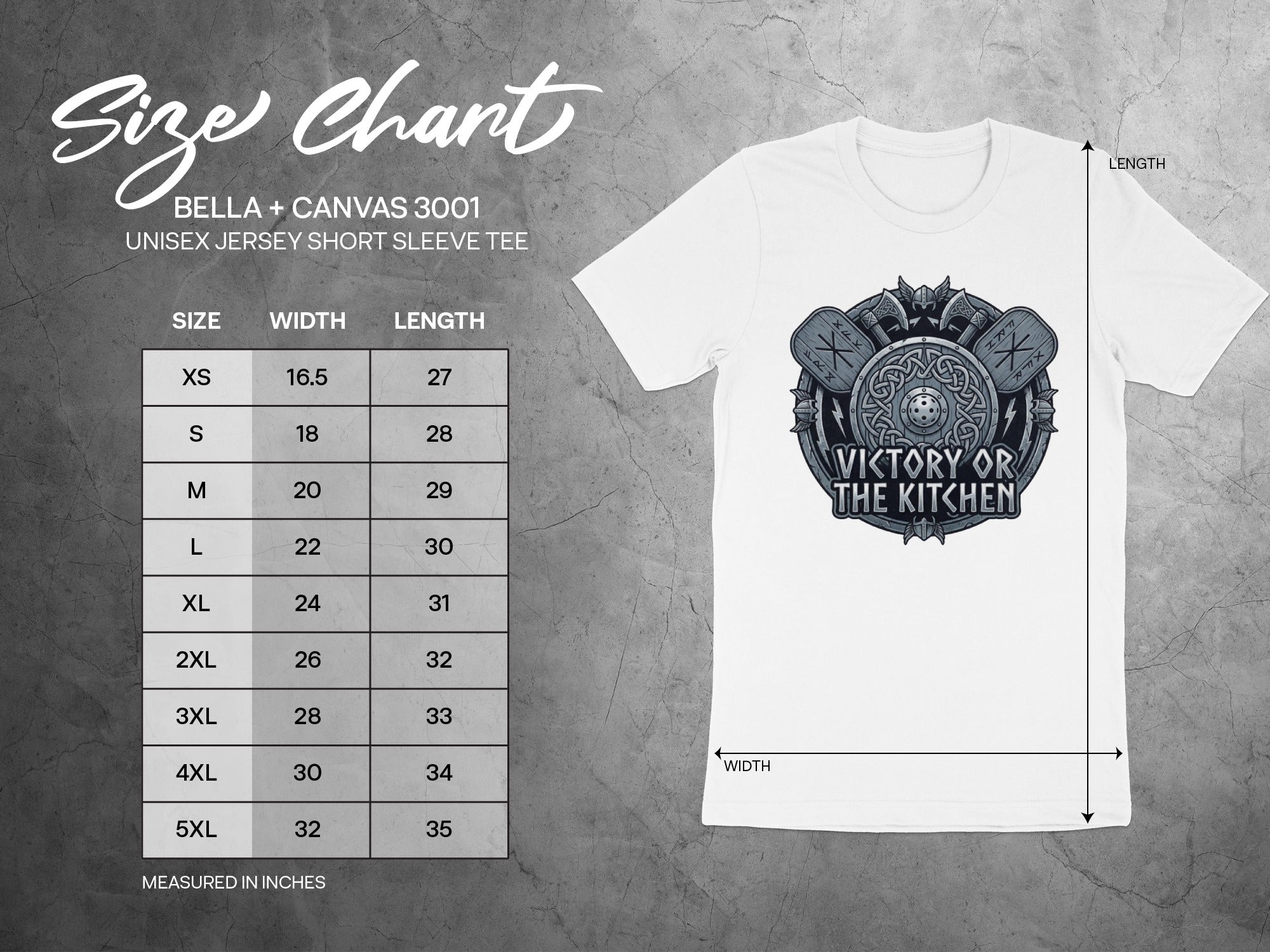 Size chart for Bella + Canvas 3001 unisex t-shirt with "Victory or The Kitchen" graphic.