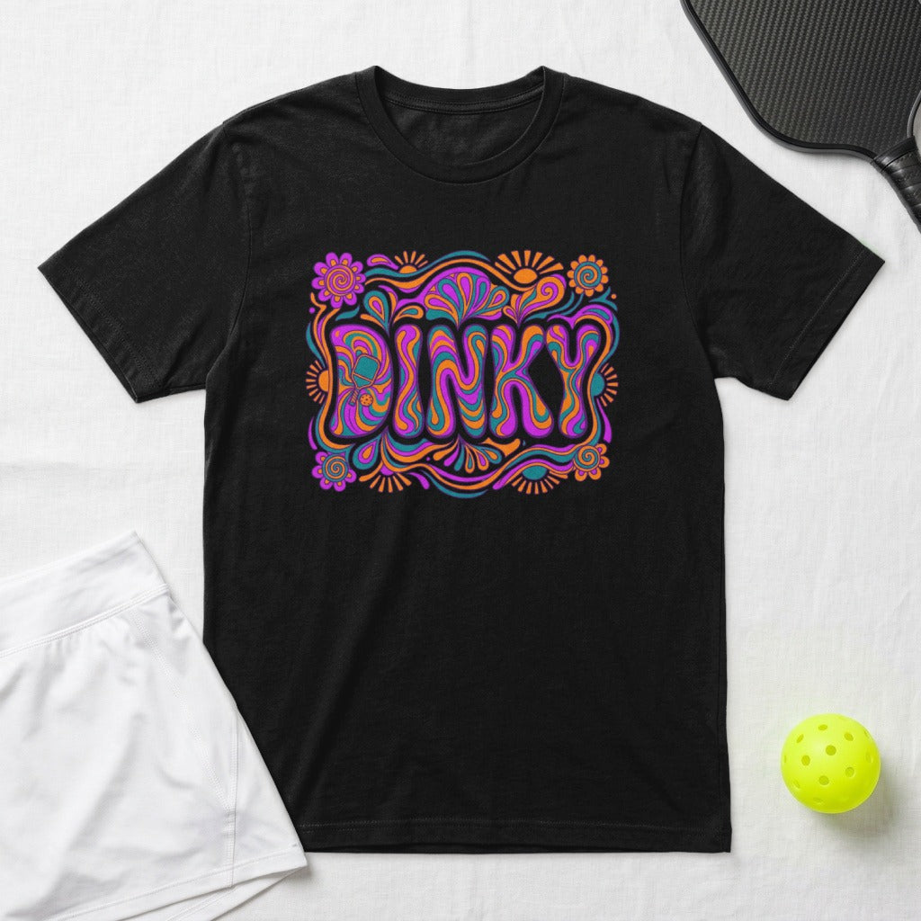 Black t-shirt with colorful "DNKY" text and psychedelic swirls.