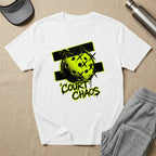 White t-shirt with "COURT CHAOS" text and a pickleball graphic.