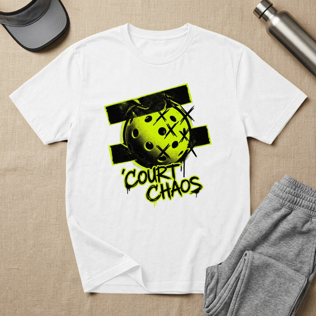 White t-shirt with "COURT CHAOS" text and a pickleball graphic.