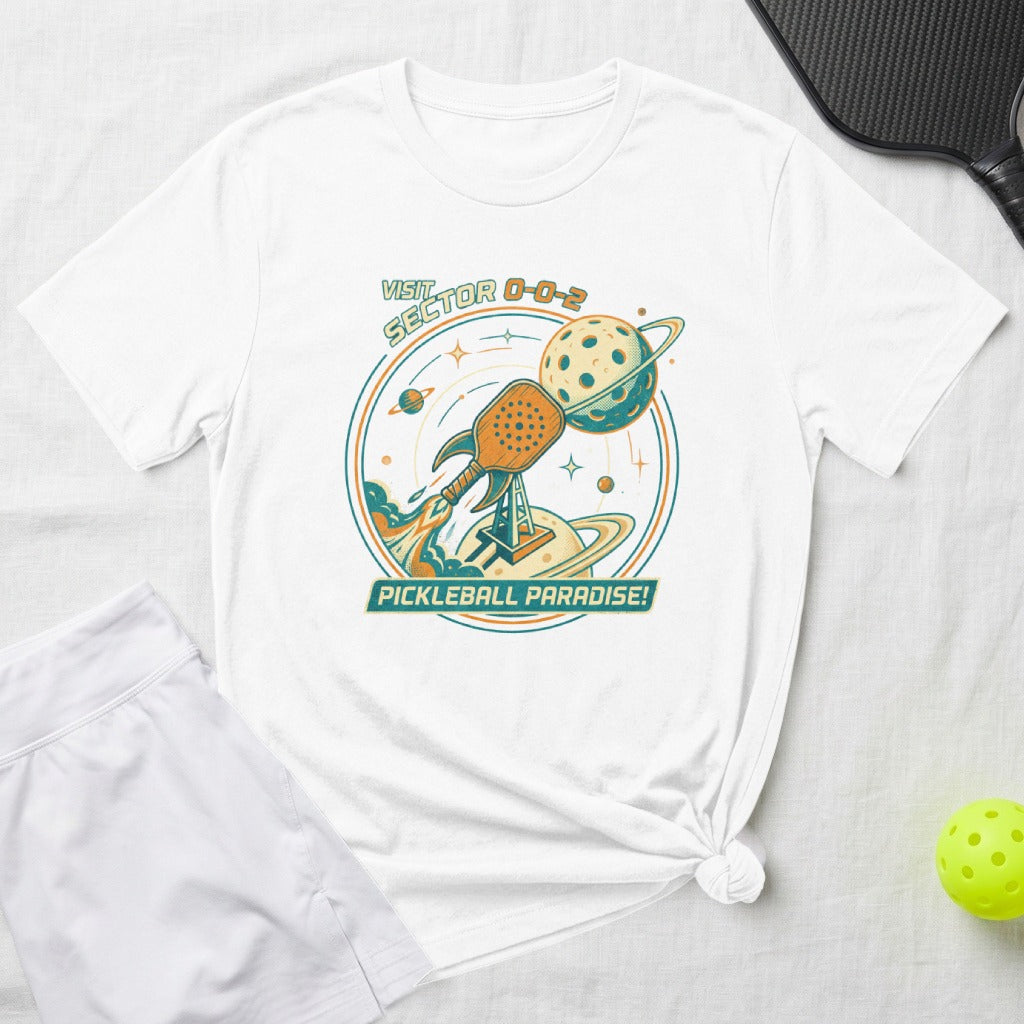 White t-shirt with "Visit Sector 0-0-2 Pickleball Paradise" graphic.
