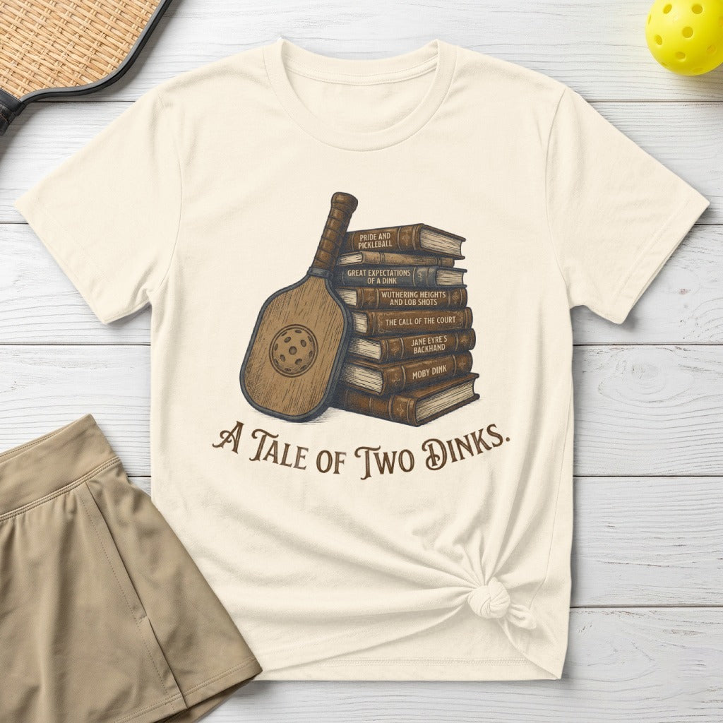T-shirt with stack of books, pickleball paddle, and "A Tale of Two Dinks" text.