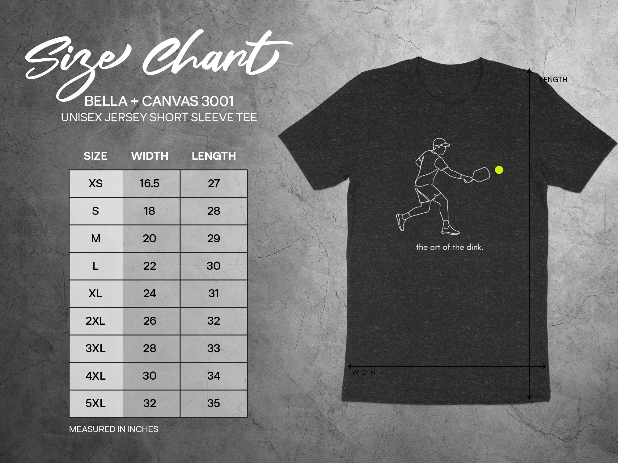 Bella + Canvas 3001 size chart with measurements and pickleball player graphic.