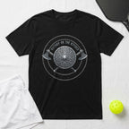 Black t-shirt with a circular Viking shield and crossed axes emblem.