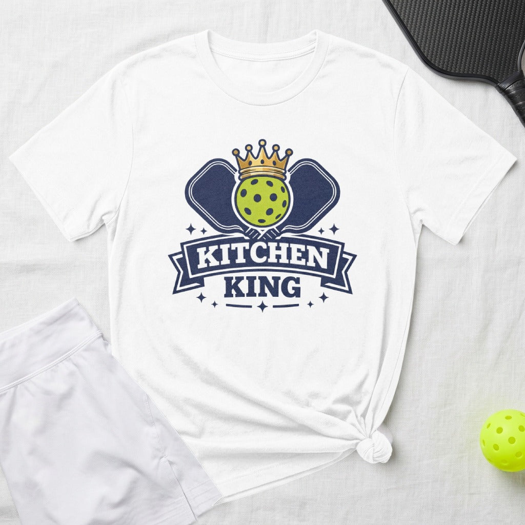 White t-shirt with "KITCHEN KING" text and pickleball graphic.