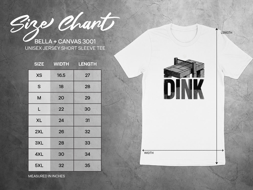 Bella + Canvas 3001 unisex t-shirt size chart with dimensions.