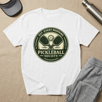 White t-shirt with circular "Pickleball Society" logo featuring crossed paddles.