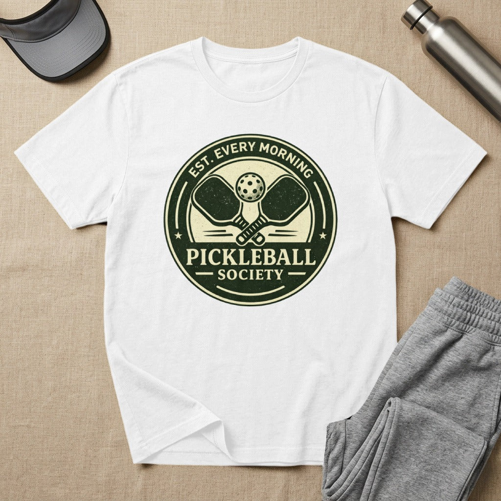 White t-shirt with circular "Pickleball Society" logo featuring crossed paddles.