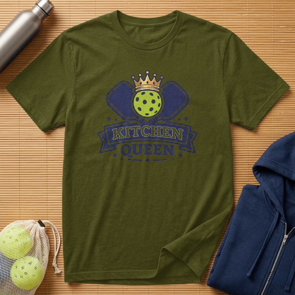 Olive green t-shirt with "KITCHEN QUEEN" and pickleball graphics.