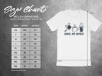 Bella+Canvas 3001 unisex tee size chart with "Serve. Sip. Repeat." graphic.