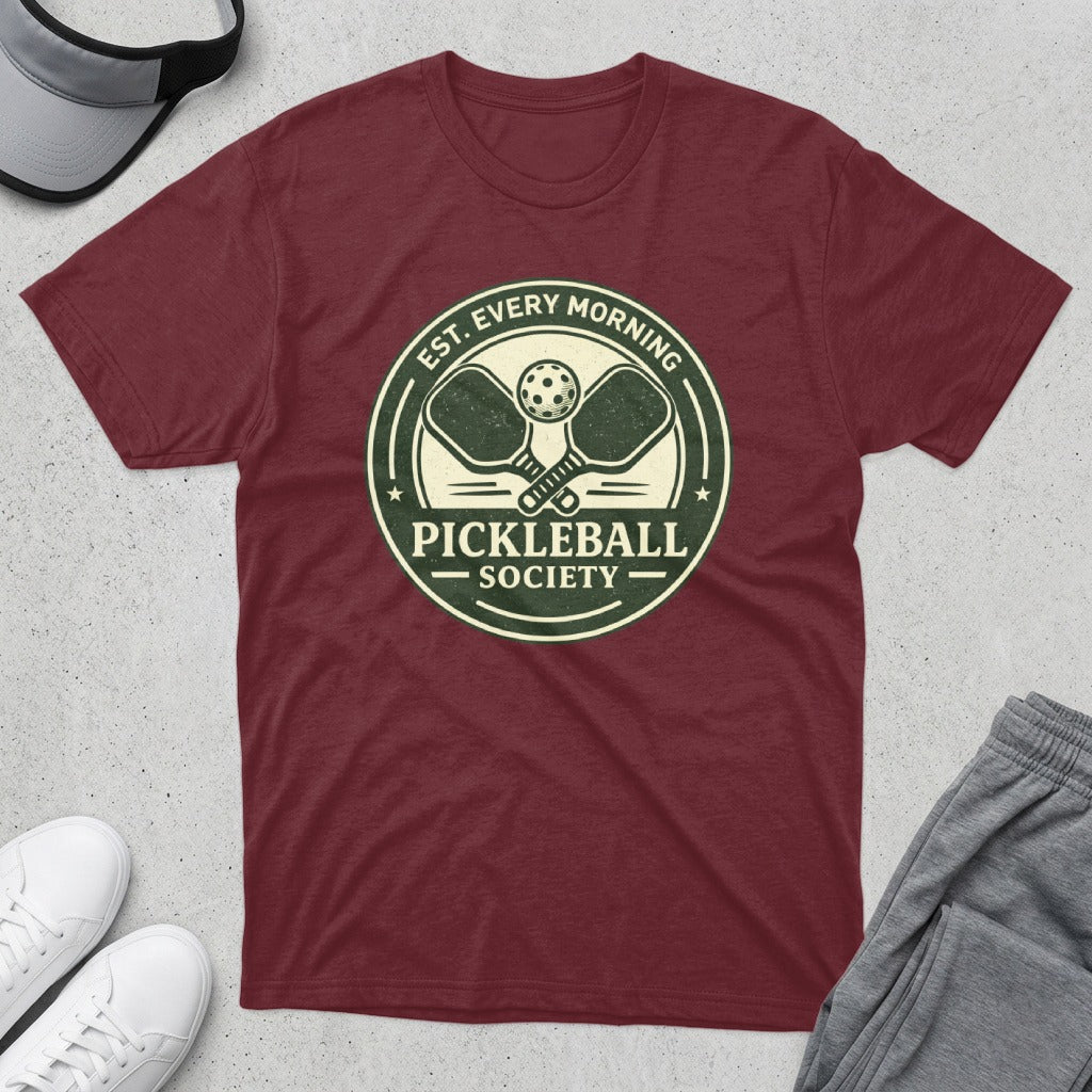 Maroon t-shirt with a circular pickleball society logo featuring crossed paddles and a ball.