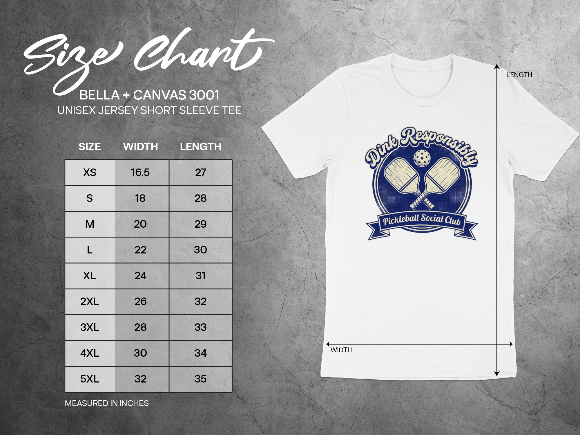 Bella + Canvas 3001 size chart for unisex short sleeve tee.