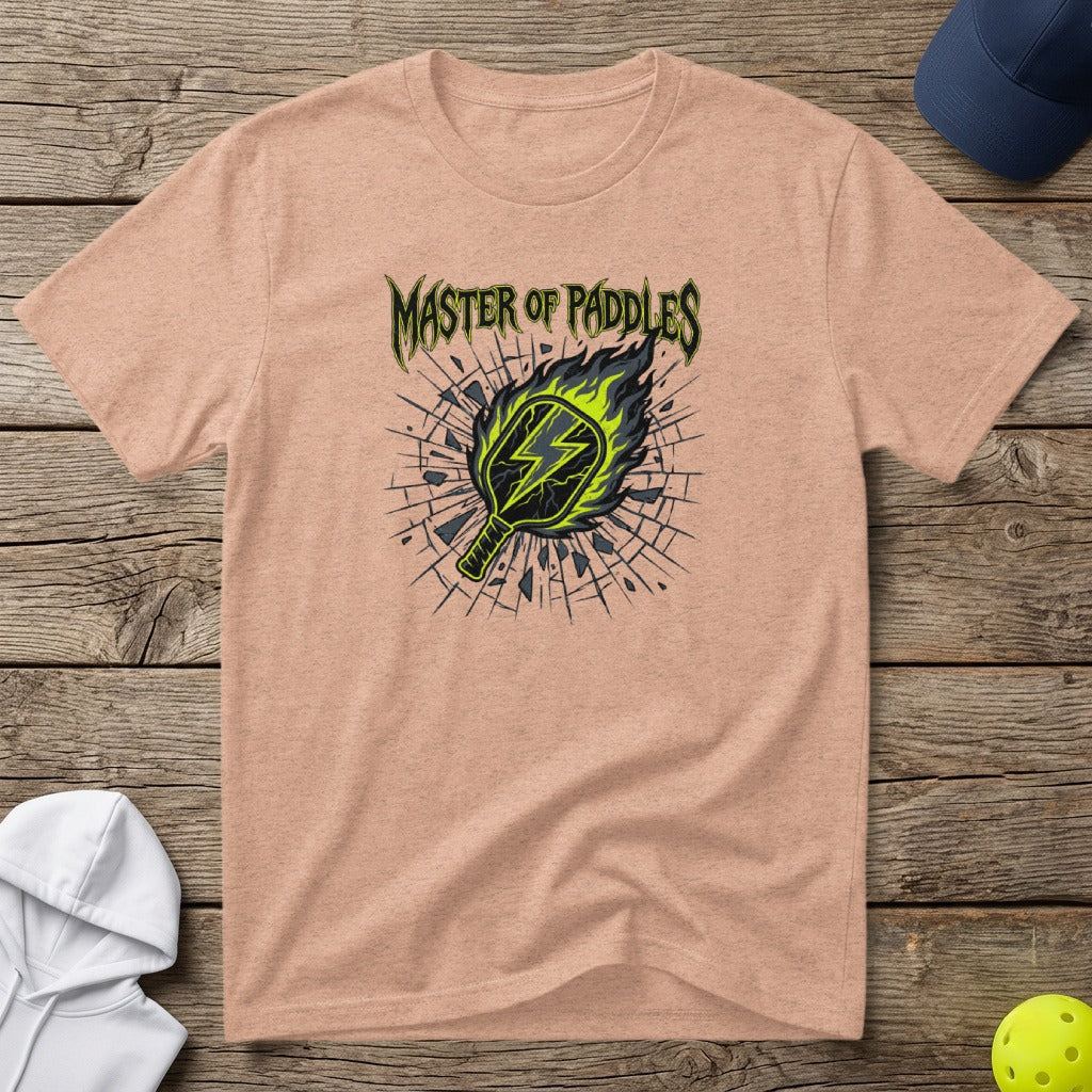 Peach t-shirt with flaming pickleball paddle graphic and text.