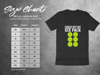 Size chart for Bella+Canvas 3001 unisex tee and t-shirt with "Check Out My Six Pack" graphic.