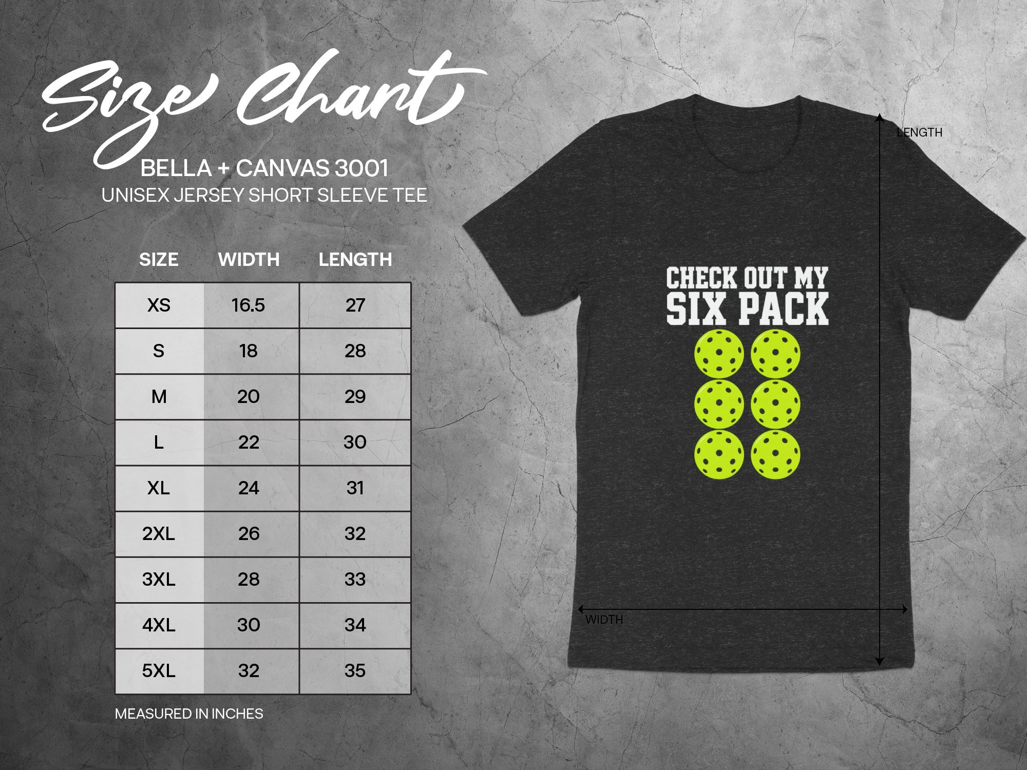 Size chart for Bella+Canvas 3001 unisex tee and t-shirt with "Check Out My Six Pack" graphic.