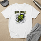 White t-shirt with a pickleball paddle breaking through a cracked surface.