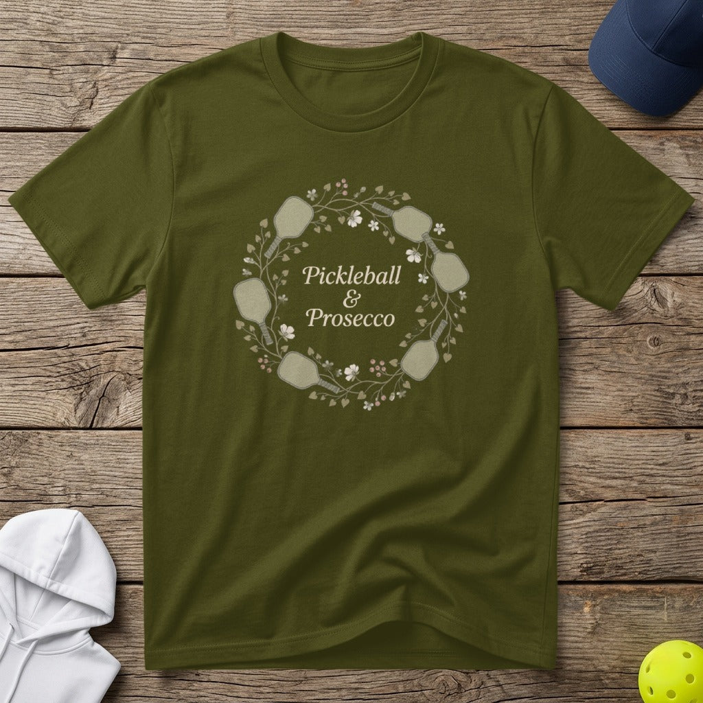 Olive green t-shirt with "Pickleball & Prosecco" text in a floral wreath.