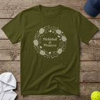 Olive green t-shirt with "Pickleball & Prosecco" text in a floral wreath.