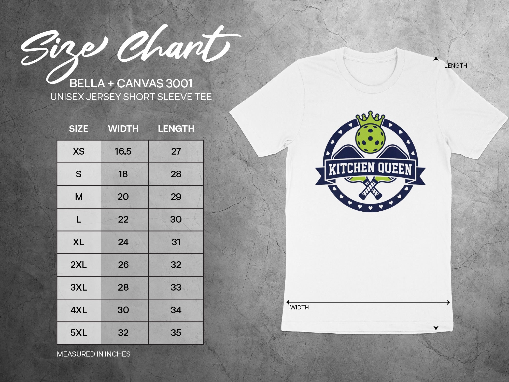 Bella + Canvas 3001 unisex t-shirt size chart with width and length measurements.