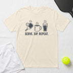 T-shirt with pickleball paddle, ball, coffee cup, and text "SERVE. SIP. REPEAT."