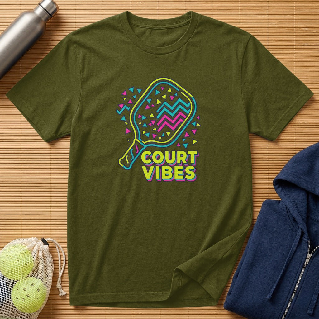 Olive t-shirt with neon pickleball racket and "COURT VIBES" text.