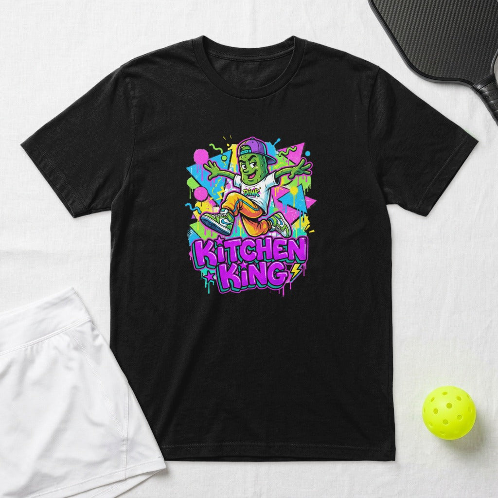 Black t-shirt with cartoon pickle wearing a hat and colorful graphic design.