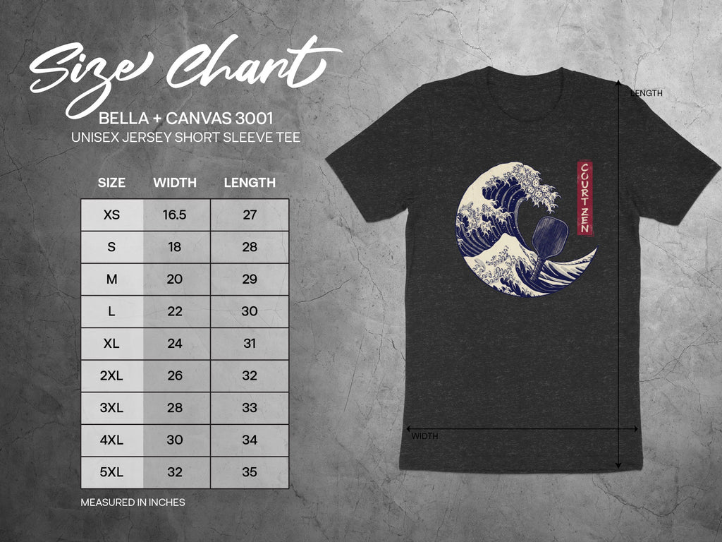 Bella+Canvas 3001 unisex t-shirt size chart with measurements and wave graphic.
