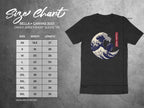 Bella+Canvas 3001 unisex t-shirt size chart with measurements and wave graphic.