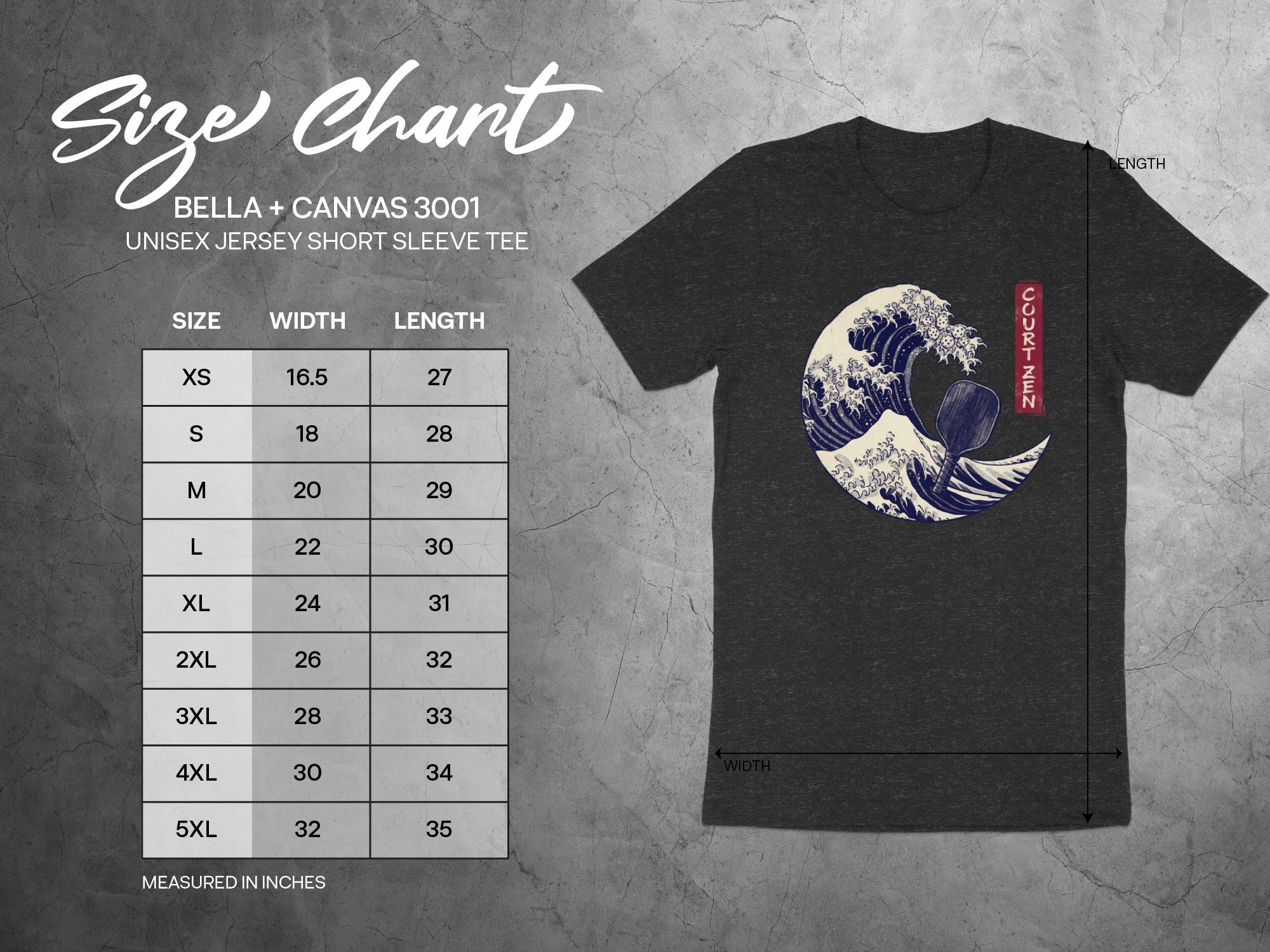 Bella+Canvas 3001 unisex t-shirt size chart with measurements and wave graphic.