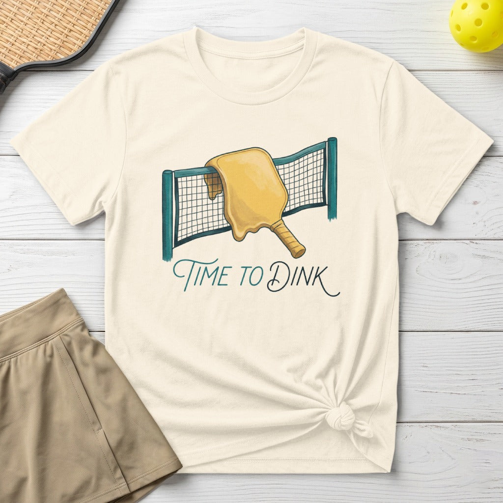 T-shirt with "Time to D Dink" text and pickleball court graphic.