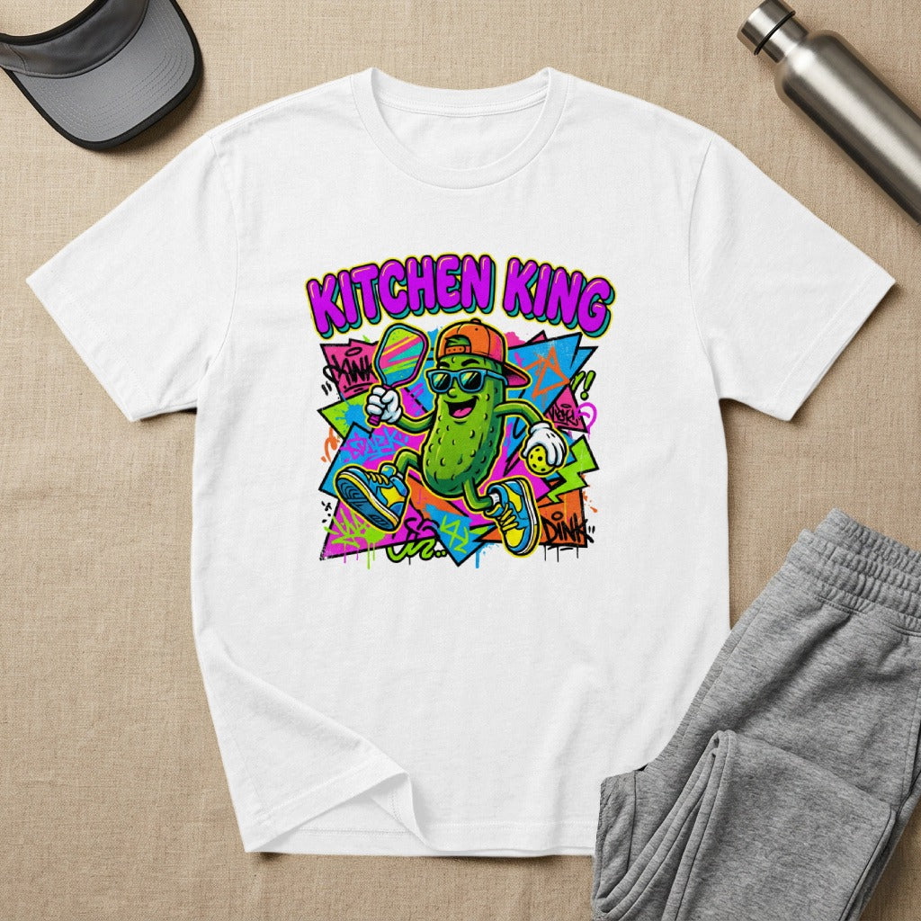 T-shirt with cartoon pickle playing tennis, "Kitchen King" text.