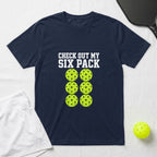 Navy t-shirt with "CHECK OUT MY SIX PACK" and six pickleballs.