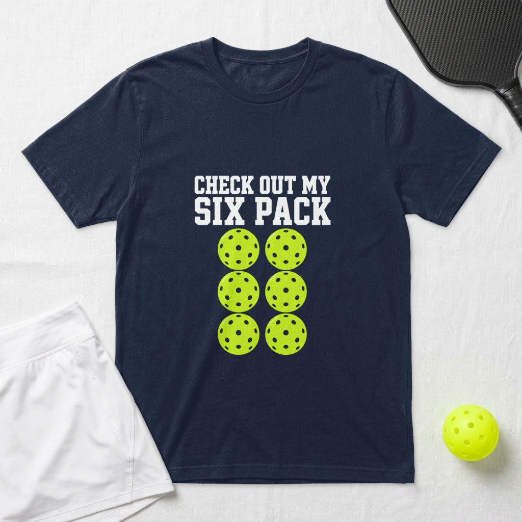 Navy t-shirt with "CHECK OUT MY SIX PACK" and six pickleballs.