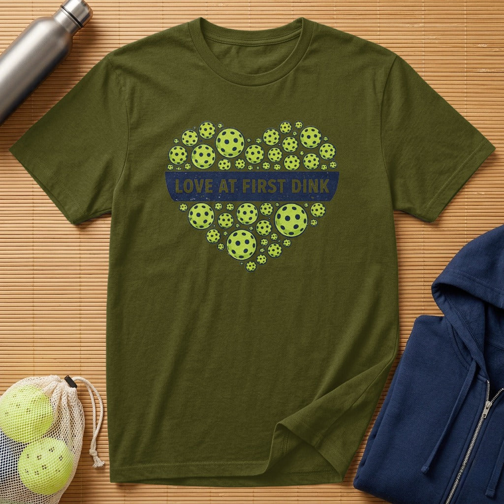 Olive green t-shirt with a heart-shaped pickleball design and "Love at First Dink" text.