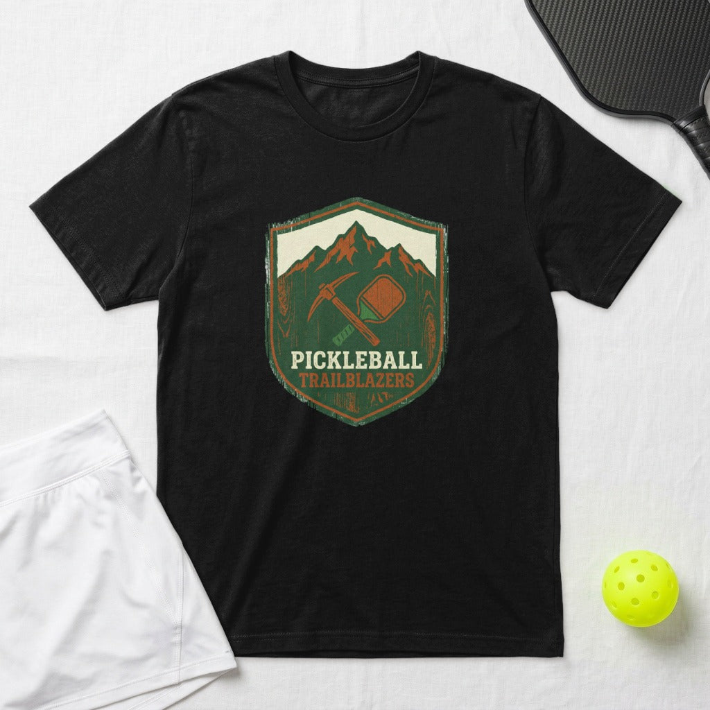 Black t-shirt with "Pickleball Trailblazers" shield logo, paddle, and ball.