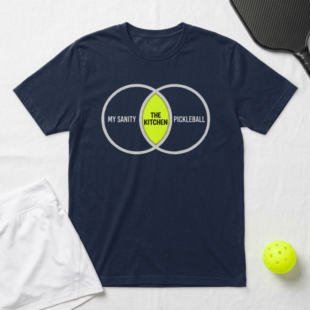 Navy t-shirt with Venn diagram for "My Sanity" and "Pickleball".